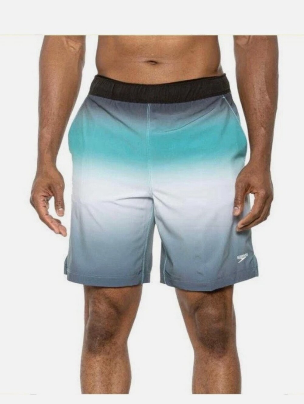 Speedo Men's Teal to Gray Ombre Swim Shorts with Black Waistband Size Medium